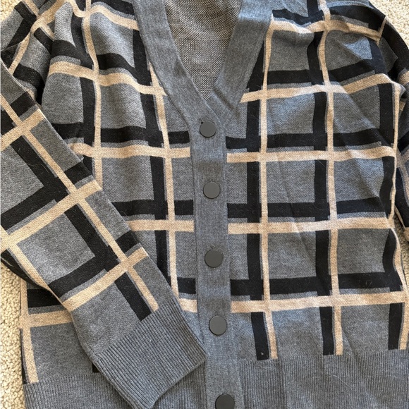 Tory Burch knit set  Gray and Black Plaid cardigan and pants - Picture 2 of 4